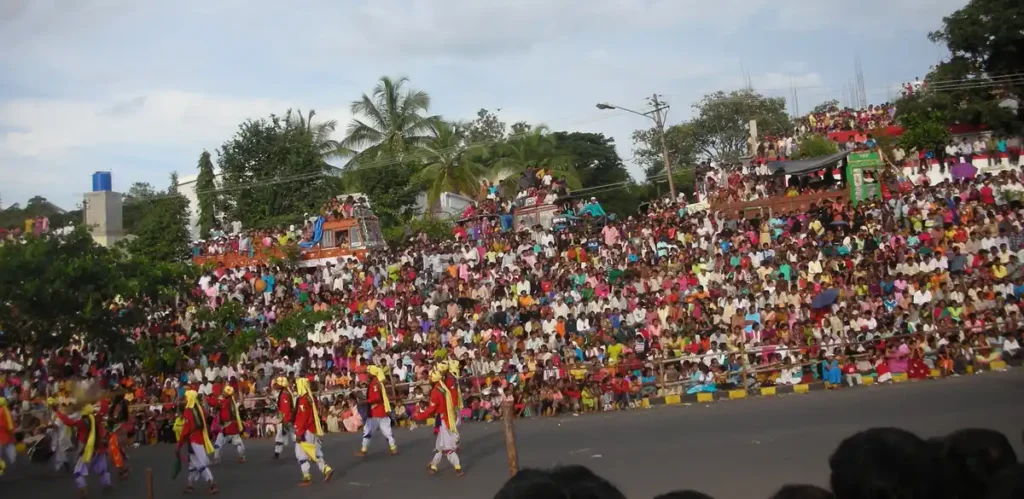 Crowds line the route of the Jamboo Savari, one of the Mysore Dasara dates, in Mysuru
