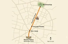 Illustrated Jamboo Savari route map for the Mysore Dasara dates, from Mysore Palace to Bannimantap